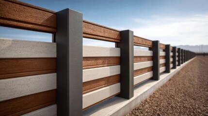 Fototapeta premium Modern Fence Design with Wood and Concrete Elements Against a Clear Blue Sky in a Desert Landscape