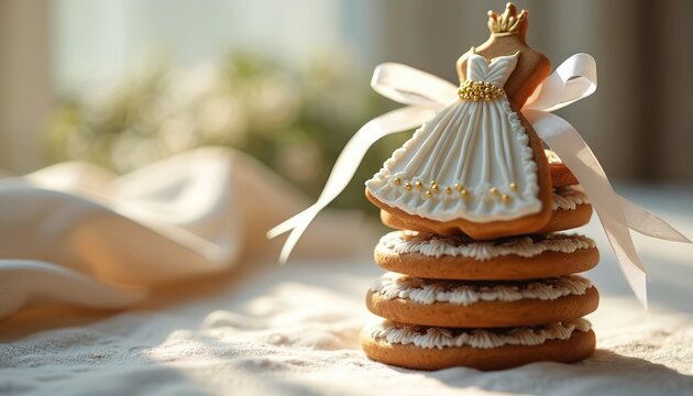 Stack of bridal gown cookies with white frosting. Sweet treats decorated with edible pearls and ribbon. Perfect for wedding celebration dessert table.