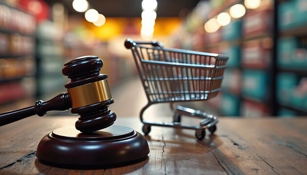 Gavel and shopping cart on wooden table. Represents retail legal issues, consumer protection, commerce disputes, and justice in business. Law and market regulation concepts.