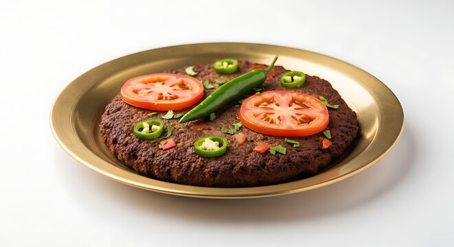 Grilled Chapli Kebab with Fresh Tomato Slices and Green Chili Peppers on a Decorative Brass Tray, Traditional Pashtun Style Spicy Meat Patty, Nutritious High Protein Meal for Food Service.