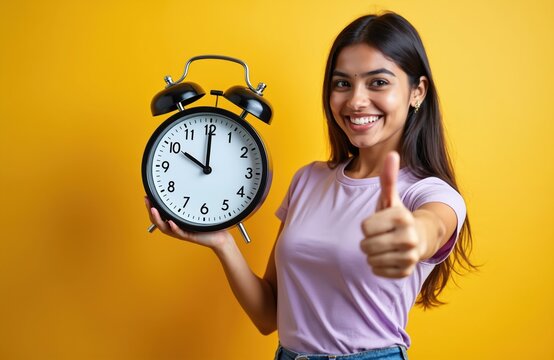 Young Indian woman holds alarm clock showing time gesture thumb up ok sign. Female employee happy approved deadline passed. Success achievement, great job.