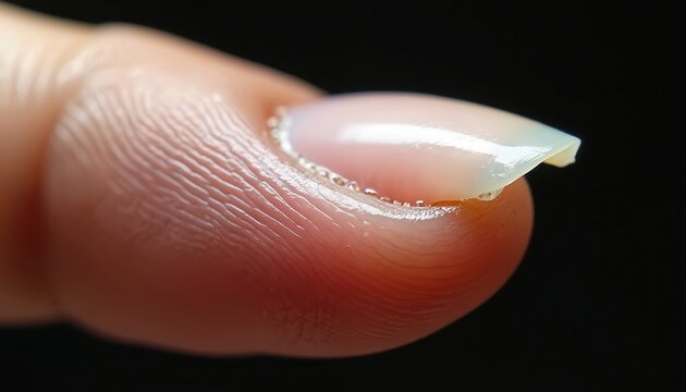 Macro shot of damaged fingernail showing surface flaking and stress cracks. Shows brittle nail plate texture, potential health or trauma issue. Extreme closeup.