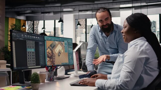 Architectural software, floor plan remodeling, digital 3D model, with virtual assets and tools for construction. Diverse architects use interior design interface to render layout and blueprint.
