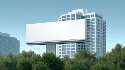 Obraz premium Urban billboard space surrounded by modern buildings and green trees under clear sky for advertising and marketing concepts or promotional use