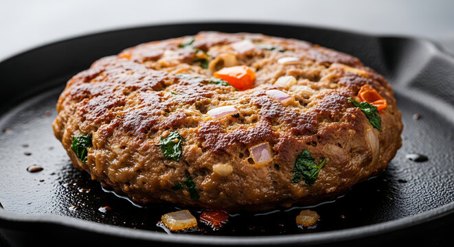 Large Minced Meat Chapli Kebab Patty Cooking in a Cast Iron Skillet with Onions and Peppers, Sizzling Traditional Pashtun Meat Dish with Herbs and Spices, High Protein Beef or Lamb Kebab.