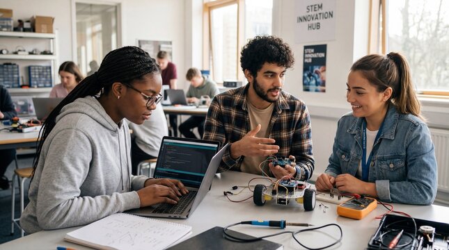 Diverse University Students Collaborating on STEM Robotics Project