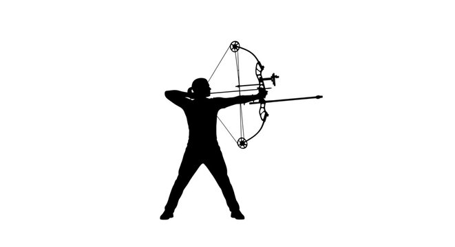 Silhouette of archer aiming compound bow and arrow, isolated on white background