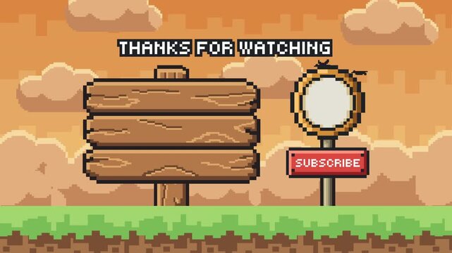 Retro pixel wooden sign end screen with circular frame and subscribe button in warm evening cloud atmosphere Prores 4K 60fps