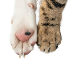 Naklejka premium macro close-up of a fluffy white dog paw with pink pads and a striped brown cat paw with dark pads, isolated on a high-key background, concept of cross-species companionship