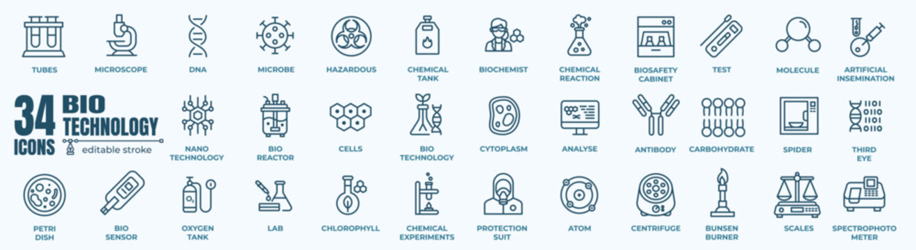 Set of editable thin line icons for biotechnology and life sciences. Modern web icon collection with simple vector illustrations of genetic engineering, CRISPR, DNA sequencing, cell culture, laborator