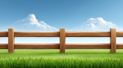 Fototapeta premium Beautiful serene landscape featuring a wooden fence against a clear blue sky with fluffy clouds and vibrant green grass in a peaceful rural setting