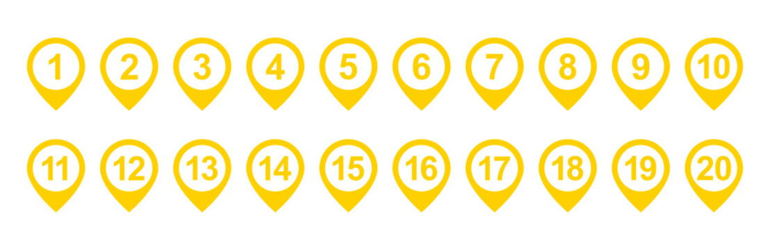 Location pin icon set with numbers 1 to 20