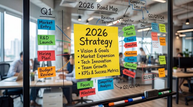 A glass board displays a 2026 strategy roadmap with colorful sticky notes outlining goals, milestones, and plans in a modern office setting.