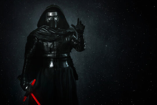 Kylo Ren action figure character from the Star Wars movie saga and space for text. Illustrative editorial