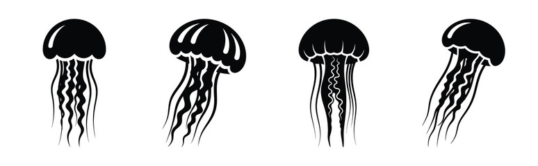 jellyfish silhouette simple icon set, black color and white background © SreeBinodiny