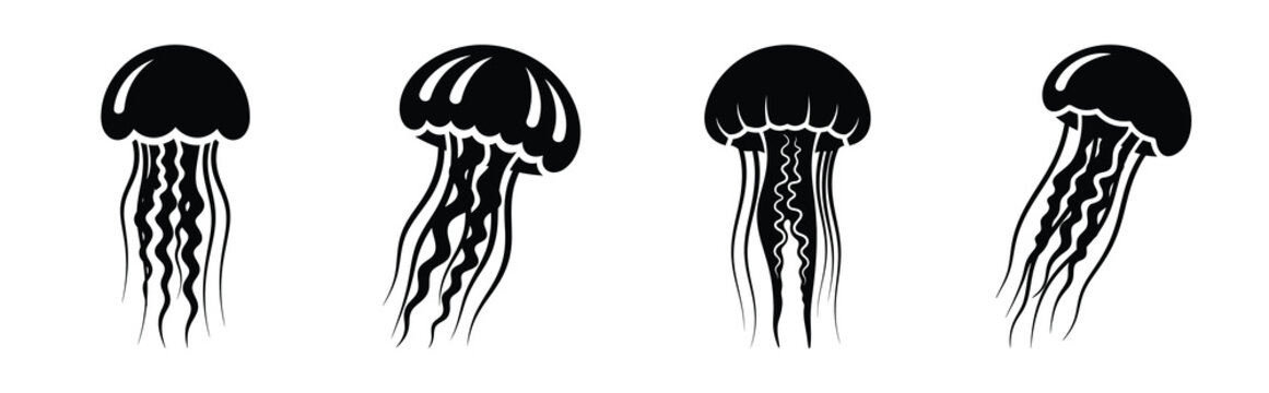 jellyfish silhouette simple icon set, black color and white background