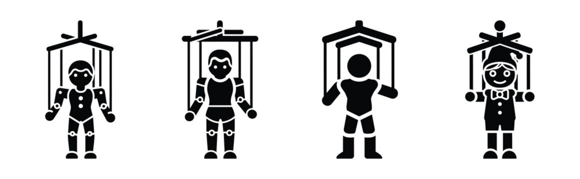 marionette silhouette simple icon set, black color and white background