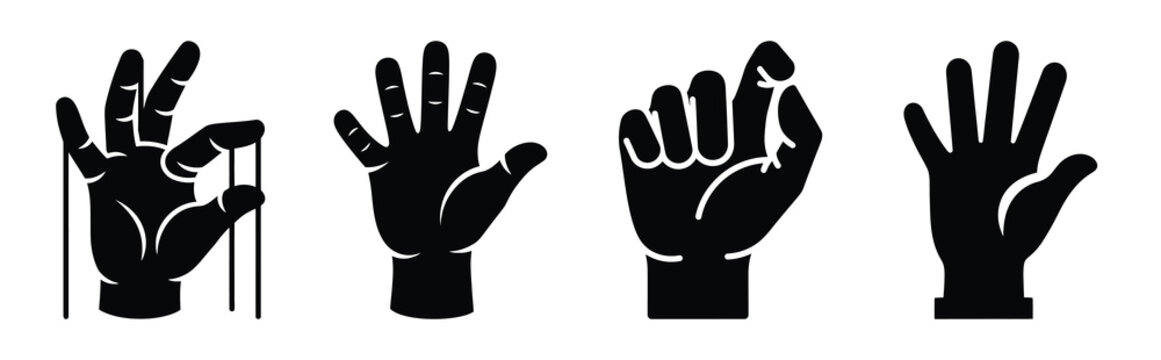 puppet hand silhouette icon set, black color and white background