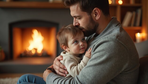 Father holds child near fireplace, feeling secure. Warm indoor scene shows loving parent embrace, quiet family moment, and peaceful home atmosphere, evoking strong bonds and tender care.