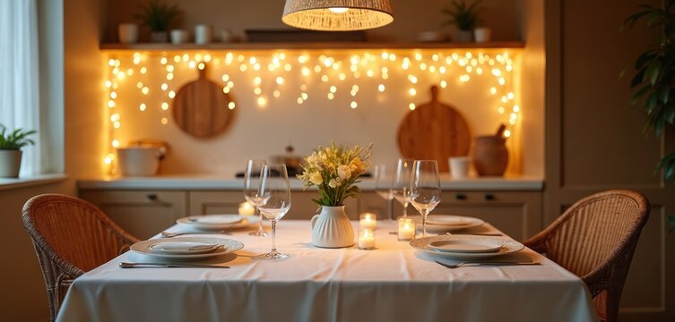 Table set for romantic dinner with candles and flowers. Cozy dining room interior with warm string lights. Wicker chairs complement elegant place settings.