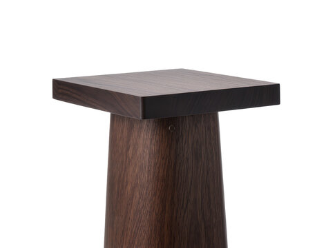 Isolated contemporary dark wood square top side table with a cylindrical tapered base