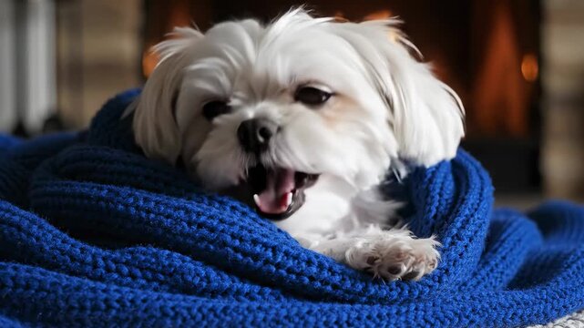 Maltese Dog Waking Up from a Nap Wrapped in a Cozy Blue Blanket