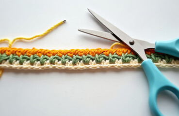 Obraz premium Close-up view of colorful crochet stitches being cut by blue scissors on white background. Yarn craft hobby project in progress, detail of handmade textile.