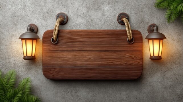 Wooden signboard with rope handles illuminated by charming lanterns on a textured gray wall, surrounded by lush green foliage, creating a cozy atmosphere