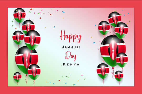 High quality 3D balloon flag card for Kenya Jamhuri Day, featuring bold national colors and festive elements, perfect for patriotic celebrations, events and promotional materials.
