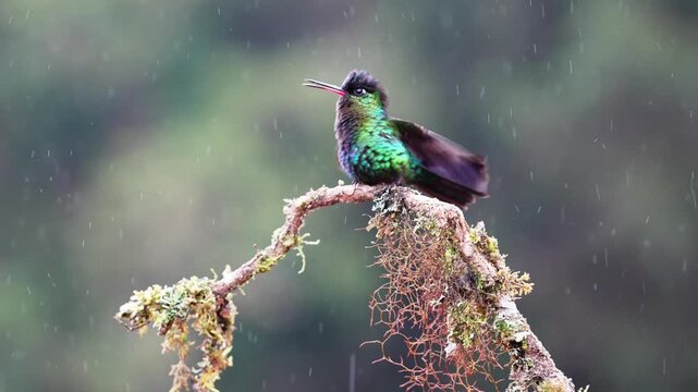 Two Vibrant Fiery-Throated Hummingbirds Dueling in the Highlands of Costa Rica