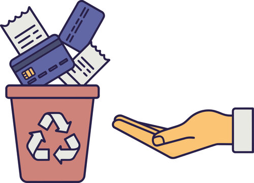 A hand reaches into a trash can filled with receipts and a credit card, illustrating transaction recycling and finance management. Modern, clean design.