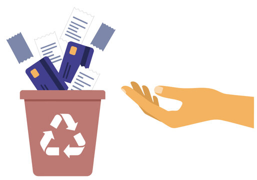 A hand throws credit cards and receipts into a recycling bin, symbolizing transaction recycling and finance management. Modern, illustrative style.