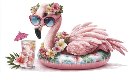 Pink flamingo wears sunglasses and floral crown. Floats on inflatable ring with tropical flowers. Glasses reflect bright, cheerful colors. Tropical drink beside it with pink umbrella