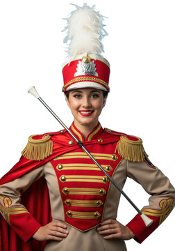 young caucasian woman in a fitted beige military jacket with scarlet trim and gold braid, wearing a shako hat and holding a silver baton against a vibrant blue studio backdrop, majorette performance
