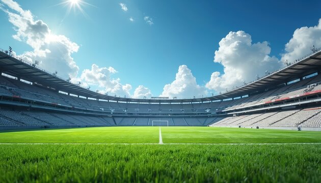 Wide stadium field with green grass and goal. Empty seats under bright blue sky with sun and clouds. Sports arena for soccer or football game, daylight.