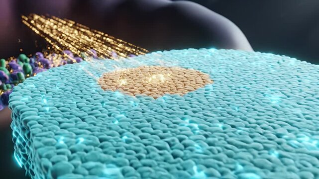 3D Animation of Gut Microbiome Microbes Sending Stabilizing Signals to Skin Cells With Yellow Energy Particles