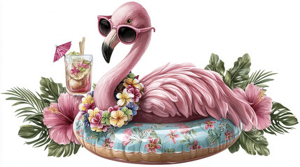 Pink flamingo lounges on floral float. Sunglasses and cocktail add playful vibe. Tropical flowers frame the scene. Perfect for vacation or pool party themes. Bright, cheerful, and relaxed atmosphere