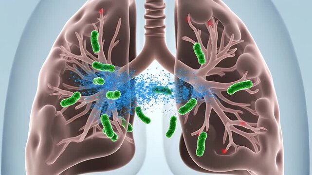 3D animation showing probiotics coordinating immune tolerance across the gut lining surface with microscopic bacteria and