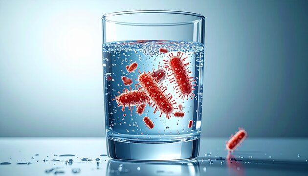 Escherichia coli and microbiology explored within a glass of water, highlighting potential contamination
