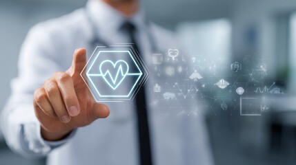 Fototapeta premium Doctor Touching Virtual Heart Interface for Digital Healthcare and Medical Technology Concept
