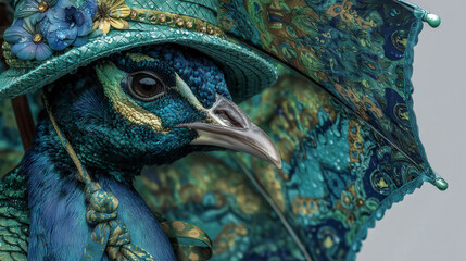 Peacock adorned in ornate, jewel-toned attire. Feathers shimmer with iridescent blues and greens. Eyes gleam with regal, curious intensity. Head tilted, poised with quiet elegance