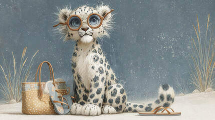 Cute snow leopard sits on soft sand. Wears round glasses, looking curious and wise. Leopard rests beside a woven bag and flip-flop. Surrounded by tall grasses against a cool, cloudy sky
