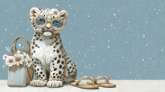 Cute snow leopard wears round glasses. Snowflakes fall softly around the scene. Leopard sits beside a small basket of flowers. Pair of sandals rests nearby on snowy ground. Image conveys whimsical