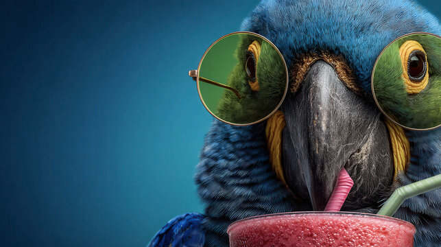 Blue parrot wears round sunglasses. Pink drink with straw in its beak. Eyes reflect a curious, playful mood. Stylish, vibrant look against deep blue backdrop. Perfect for fun, quirky