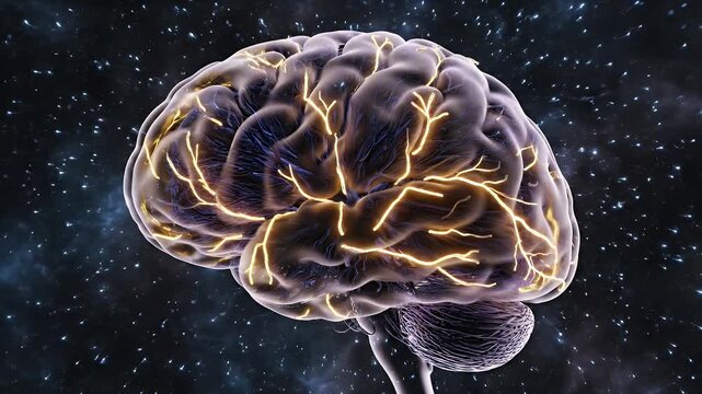 Abstract 3D Brain Neural Network Pulsating With Blue and Yellow Light Particles in Dark Space Background