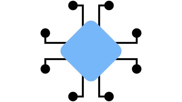 Minimalist blue microchip icon with circuit connections on white background. Technology and hardware concept.