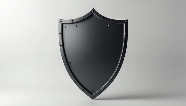 Minimalistic black shield symbol. Simple 3d visual graphic on white backdrop. Protective emblem represents cyber security and digital safety.
