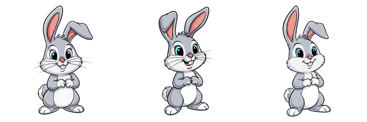 Fototapeta premium Cute Cartoon Grey Bunny Rabbit Characters Set In Three Different Poses Isolated On White Background