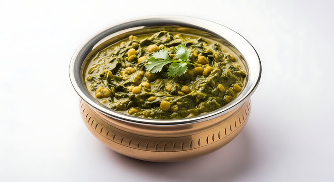Indian Spinach and Lentil Curry Dal Palak in Traditional Copper Serving Bowl Garnished with Fresh Coriander Healthy Protein Rich Vegetarian Meal South Asian Cuisine Isolated on White