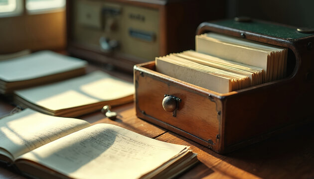 Vintage wooden rolodex with business cards sits on desk near open ledger book and papers. Old office supplies reflect sunlight. Information management concept.